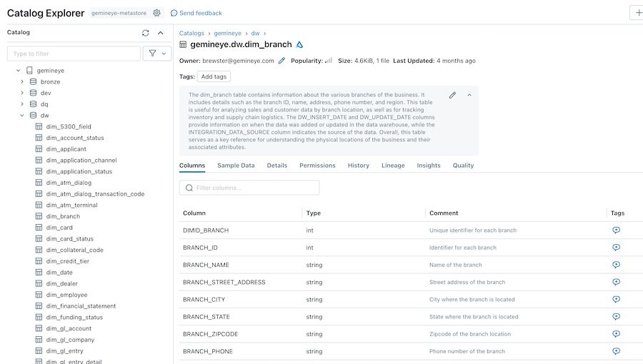 Gemineye Data Lakehouse catalog explorer screenshot