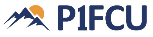 P1CFU Logo in blue and orange with mountains.