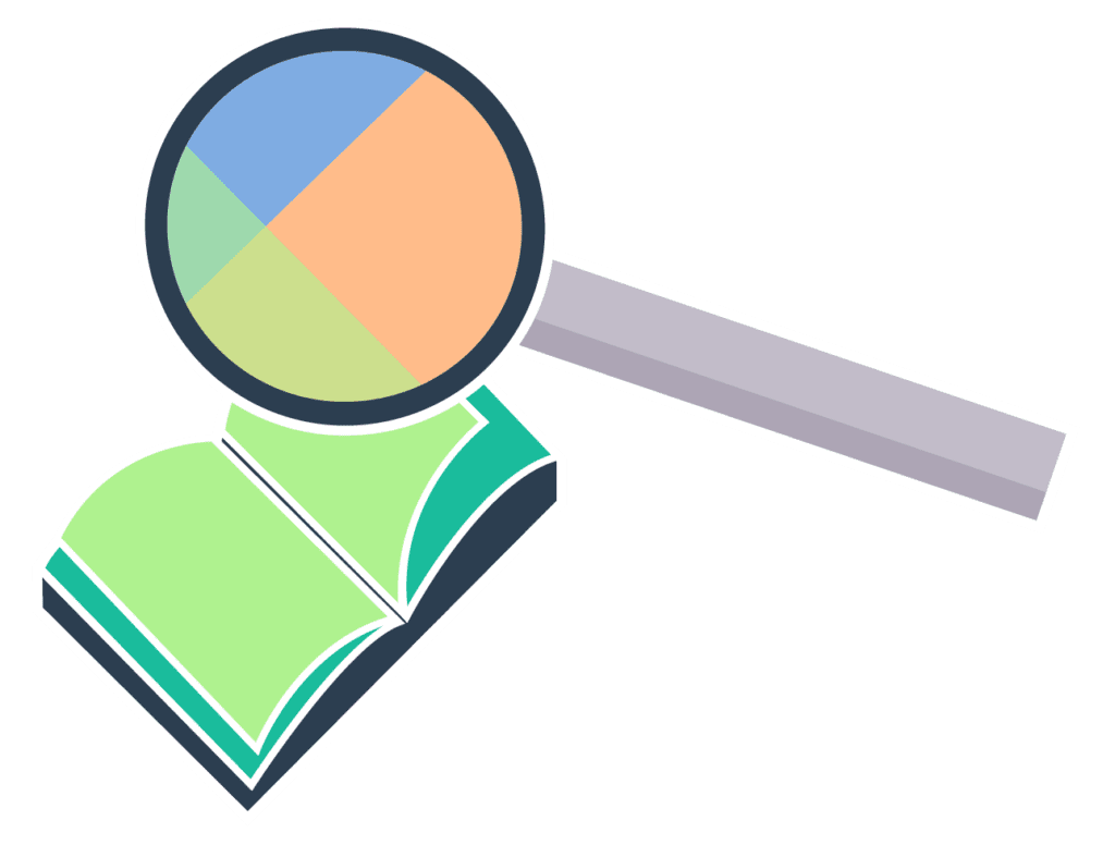 Magnifying glass over a green book illustration.