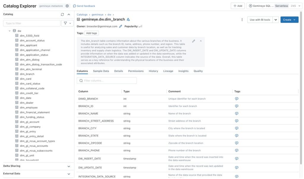 Gemineye Data Lakehouse catalog explorer