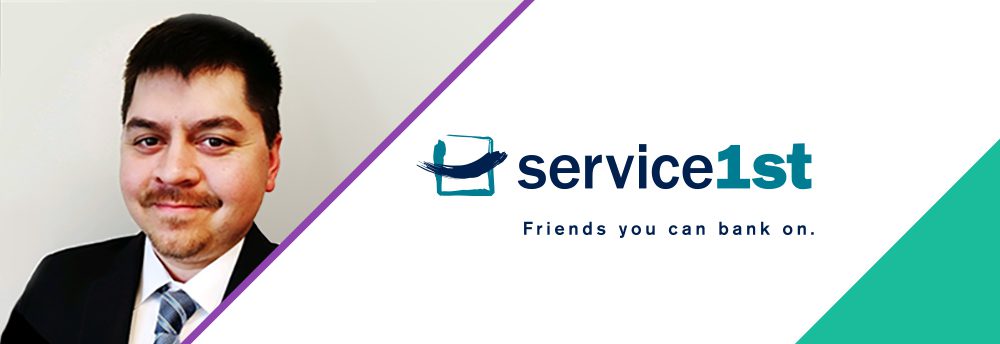 website banner with diagonal shapes and headshot of man