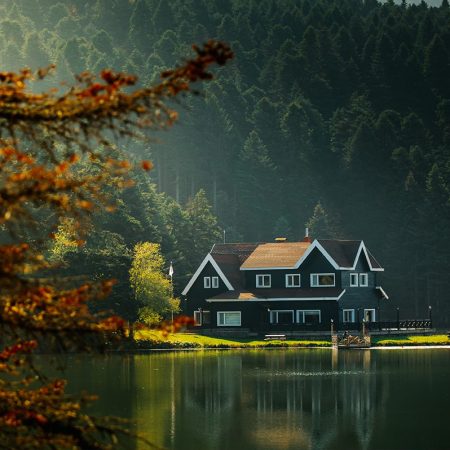 house on lake in sunshine