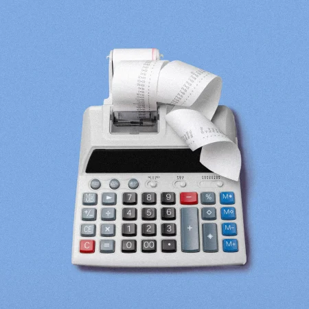 Calculator on blue background.